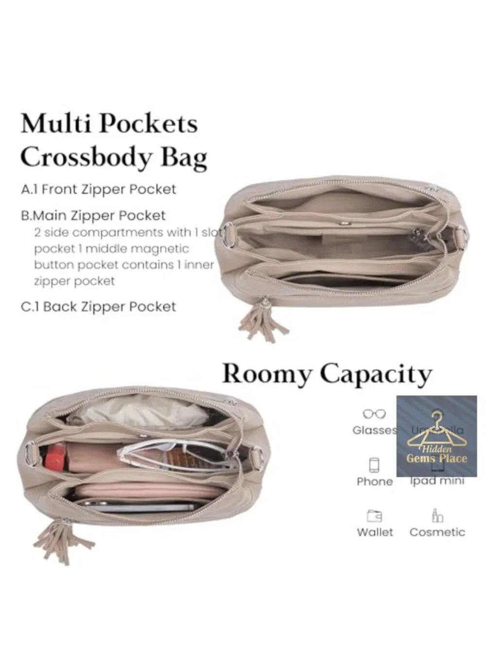 Genuine Leather Crossbody Hobo Bag with 2 Detachable Straps, Multi Pockets